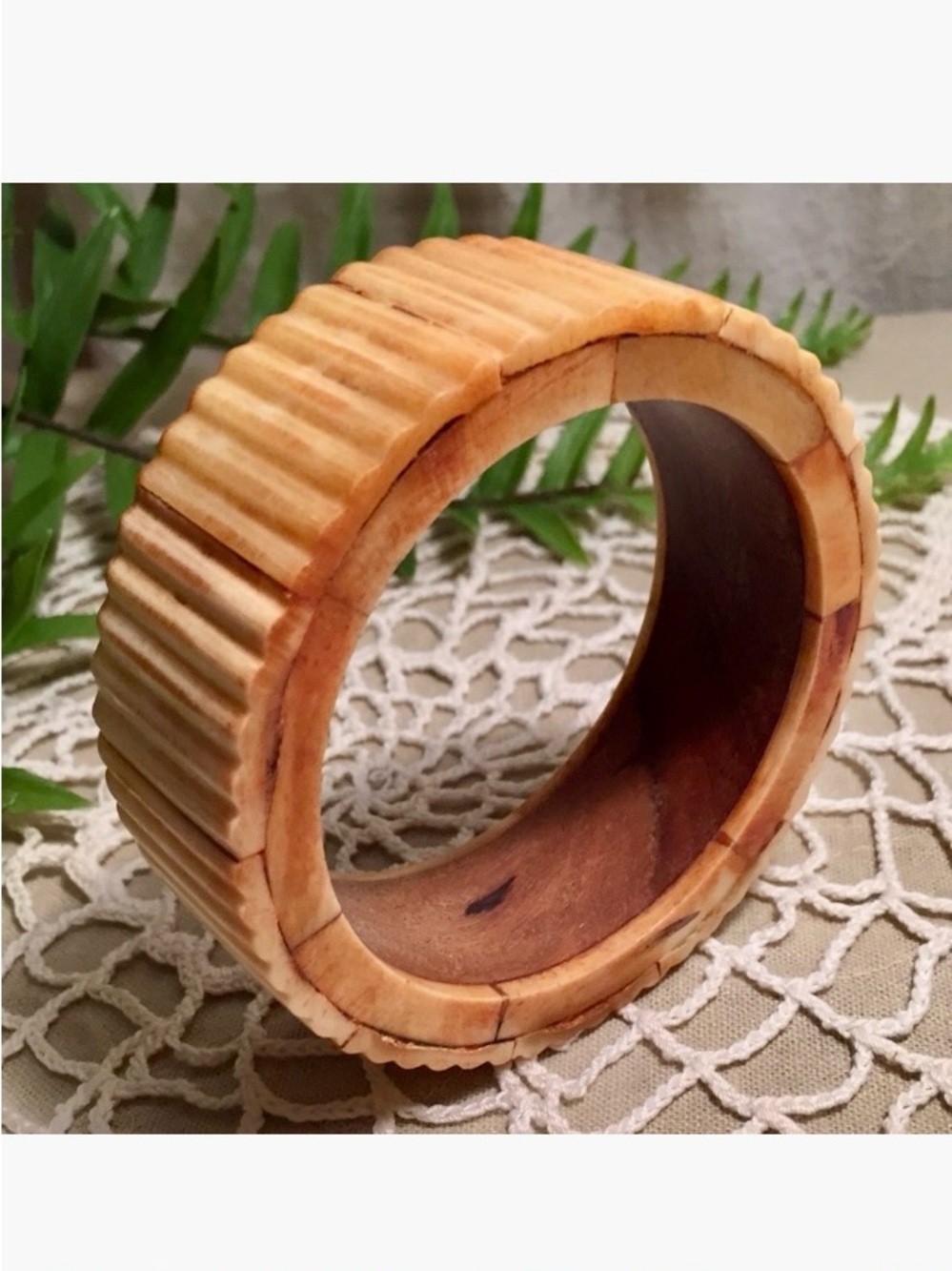 Wide Carved Wood And Bone Bangle Bracelet Organic Earthy Boho Tribal
